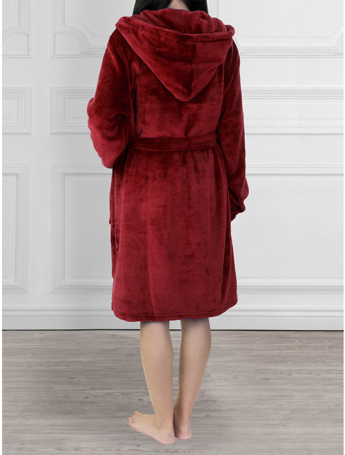 Women Hooded Fleece Robe with Satin Trim | Plush Bathrobe with Hood Knee Length
