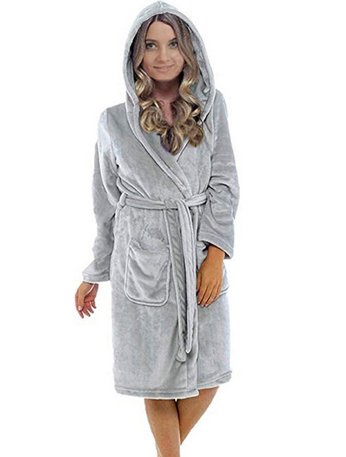 Women Soft Warm Flannel Fleece Hooded Long Bathrobe Pajamas Night Gown