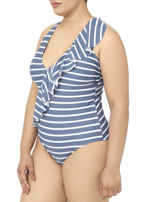 Terra & Sky Women's Plus Wide Strap Stripe One Piece Swimsuit