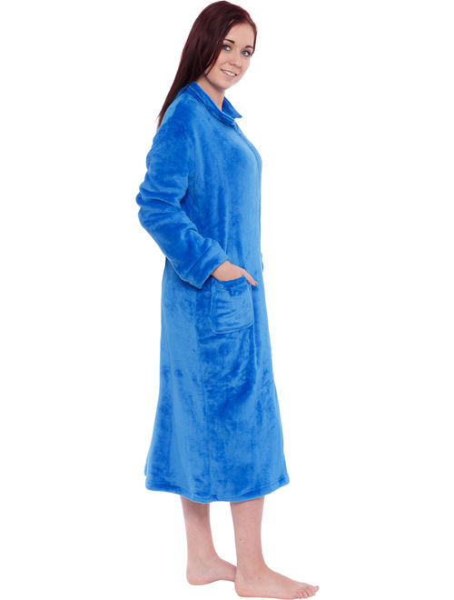 Silver Lilly Women's Long Fleece Zip Up Front Robe Housecoat