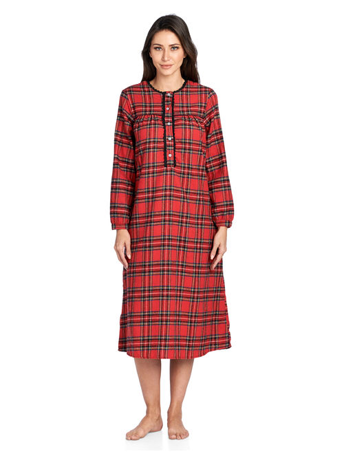 Ashford & Brooks Women's Flannel Plaid Long Sleeve Nightgown - Red Stewart - Medium