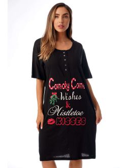 Christmas Screen Print Cotton Nightgown (Black - Candy Cane Wishes, 1X)