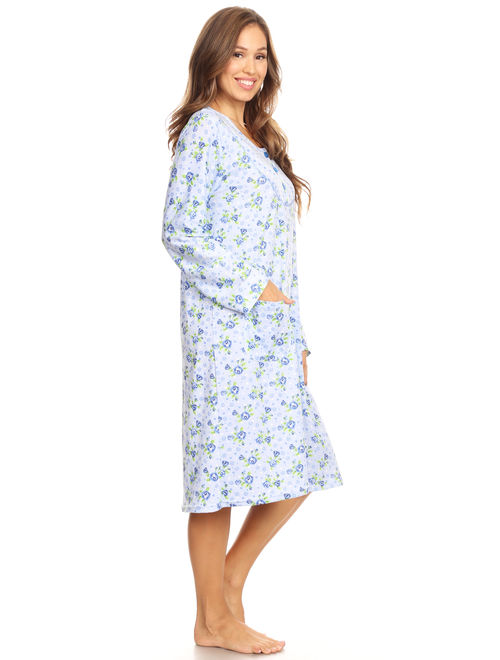 16010 Womens Nightgown Sleepwear Pajamas Woman Long Sleeve Sleep Dress Nightshirt Blue L