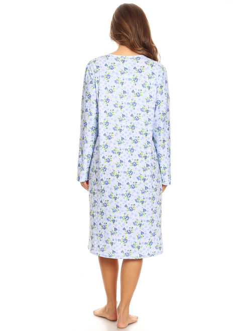 16010 Womens Nightgown Sleepwear Pajamas Woman Long Sleeve Sleep Dress Nightshirt Blue L