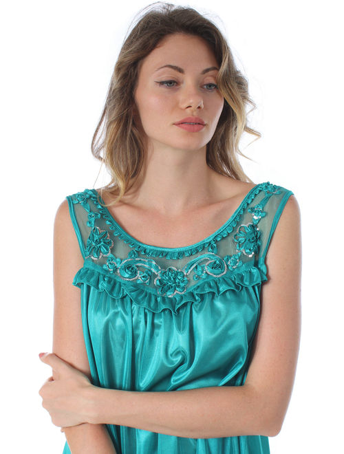 Venice Women's Silky Looking Nightgown w Sequins & Ribbon Roses 40N Medium Teal