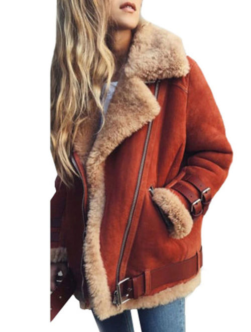 Womens Fleece Fur Biker Aviator Coat Winter Warm Lapel Outwear Plus Size