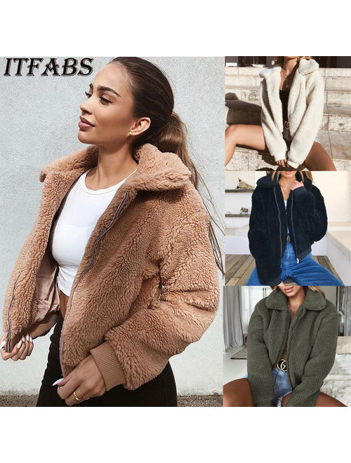 Meihuida Womens Thick Warm Teddy Bear Pocket Fleece Jacket Coat Zip Up Outwear Overcoat