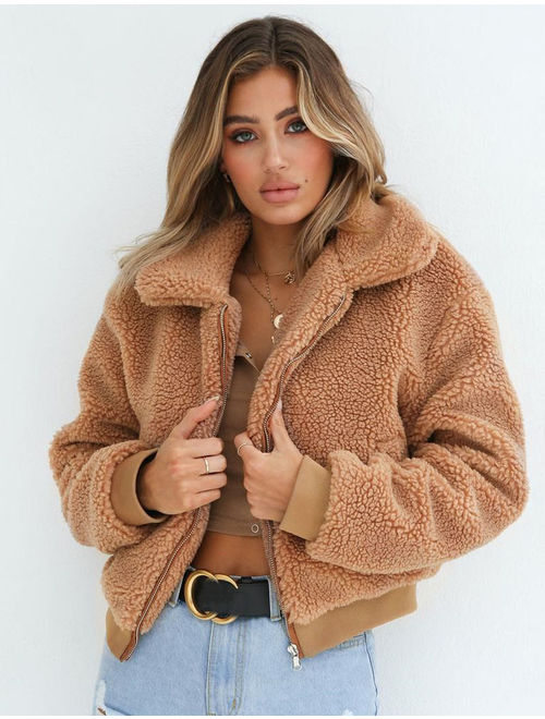 Meihuida Womens Thick Warm Teddy Bear Pocket Fleece Jacket Coat Zip Up Outwear Overcoat