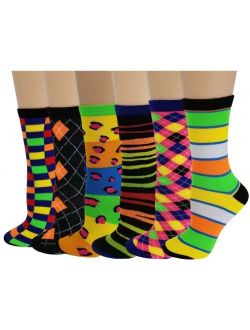 Sumona 6 Pairs Women Bright Colorful Assorted Fancy Design Novelty Crew Socks 9-11
