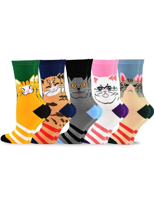 TeeHee Women's Fun Cats Cotton Crew Socks 5-Pack