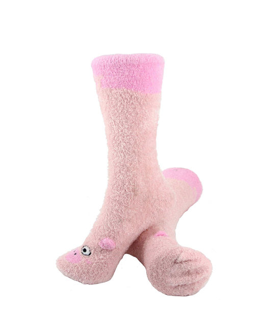 Super Soft Warm Cute Animal Non-Slip Fuzzy Fluffy Crew Winter Home Socks, Pig - 1 Pair