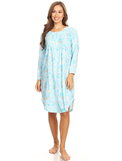 654 Womens Nightgown Sleepwear Pajamas Woman Long Sleeve Sleep Dress Nightshirt Green XXL