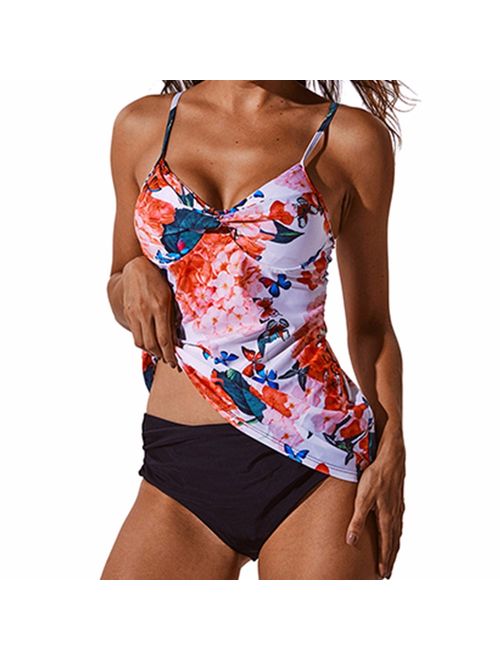 FITTOO Halter Tankini Set Ruched Wrap Tummy Hide Bathing Suit Two-Piece Swimsuit Swimwear For Women
