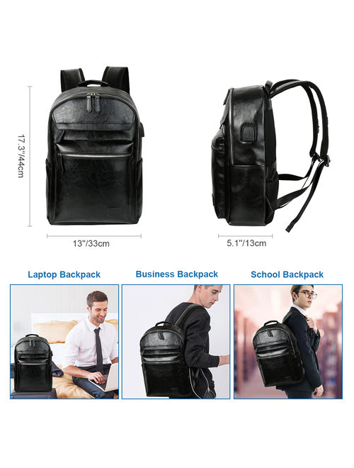 Mens Leather Backpack, Vbiger Business Backpack College School Bookbag PU Leather Travel Backpack for 15.6 Laptop with USB Charging Port and Headphone Port