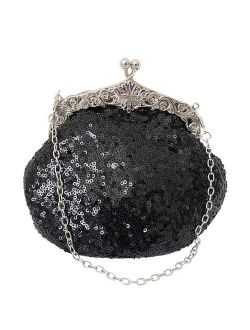 Chicastic Fully Sequined Mesh Beaded Antique Style Wedding Evening Formal Cocktail Clutch Purse - Black