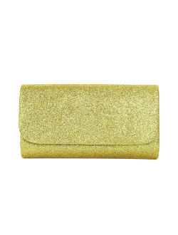Premium Small Metallic Glitter Flap Clutch Evening Bag Handbag, Yellow Gold