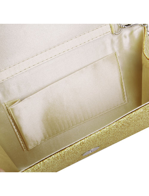 Premium Small Metallic Glitter Flap Clutch Evening Bag Handbag, Yellow Gold