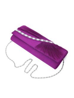 Elegant Wave Crystal Pleated Satin Flap Clutch Evening Bag