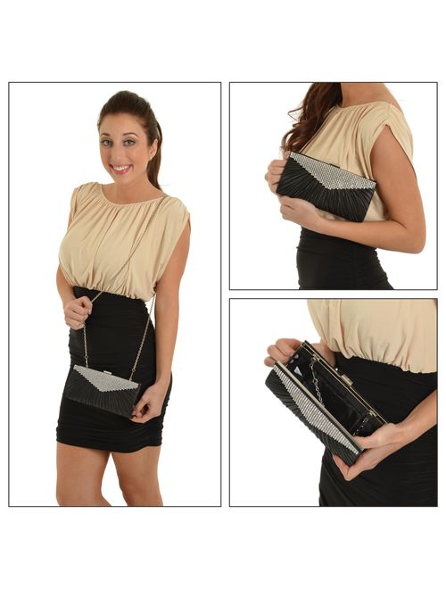 Black Satin Evening Clutch Sparkling Clear Rhinestones and Ruching Detail Chain