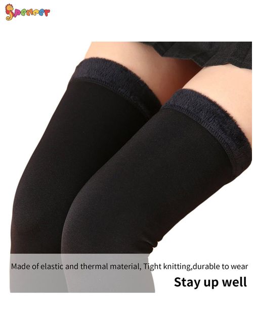 Spencer 2 Pairs Women Thigh High Socks Winter Thick Fleece Lined Over the Knee High Boot Stockings Cotton Leg Warmers "Black"