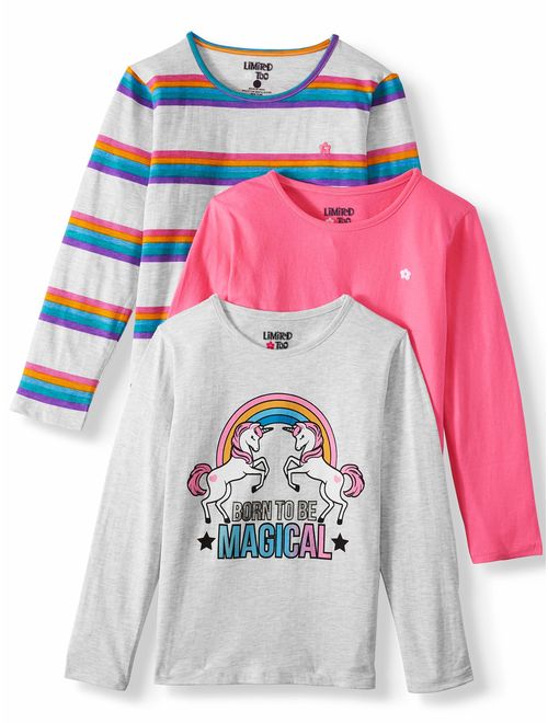 Limited Too Unicorn Graphic, Stripe & Solid Long Sleeve T-Shirts, 3-Pack (Little Girls & Big Girls)