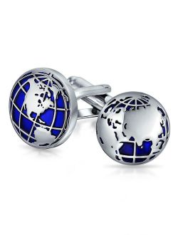 Globe World Map Blue Round Cufflinks For Men Shirt Cuff Links Hinge Back Silver Tone Brass Steel