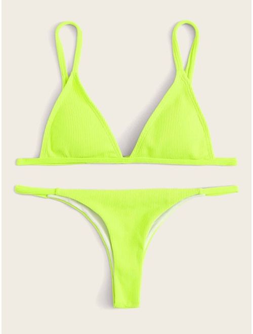 Shein Neon Lime Ribbed Triangle Bikini Set