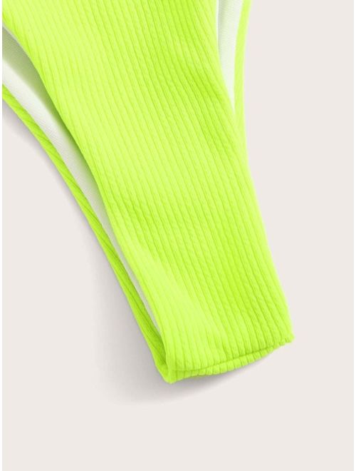 Shein Neon Lime Ribbed Triangle Bikini Set