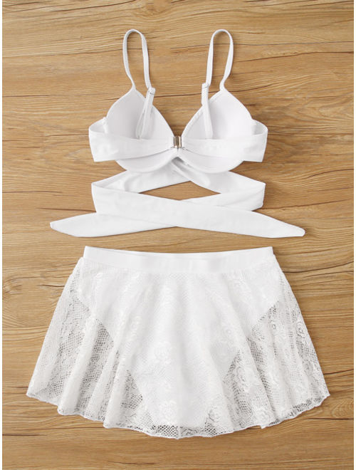 Shein Wrap Top With Lace Skorts Bikini Set