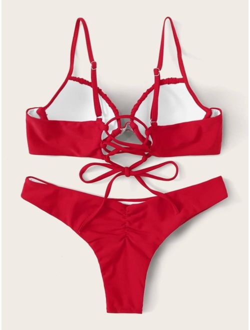 Shein Ruched Underwire Top With High Cut Bikini Set