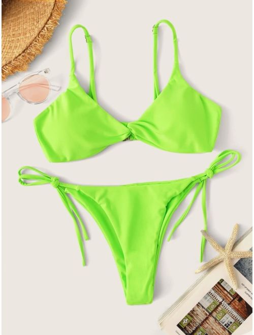 Shein Neon Lime Twist Top With Tie Side Bikini