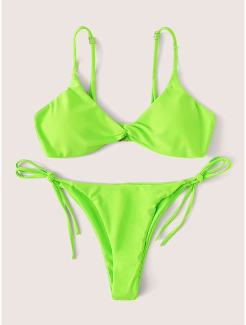 Shein Neon Lime Twist Top With Tie Side Bikini