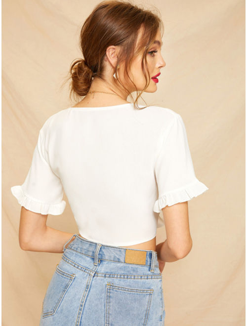 Shein Knot Front Frill Cuff Crop Blouse