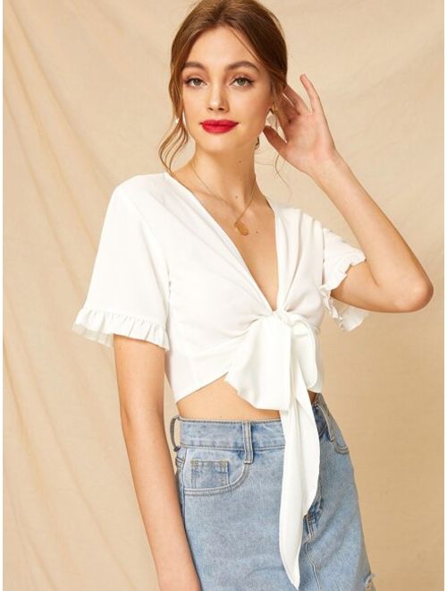 Shein Knot Front Frill Cuff Crop Blouse