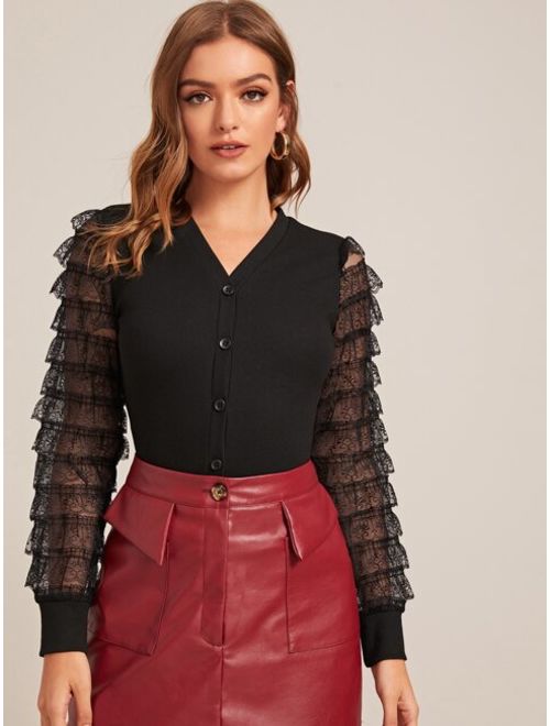 Shein Layered Ruffle Lace Sleeve Button Up Top