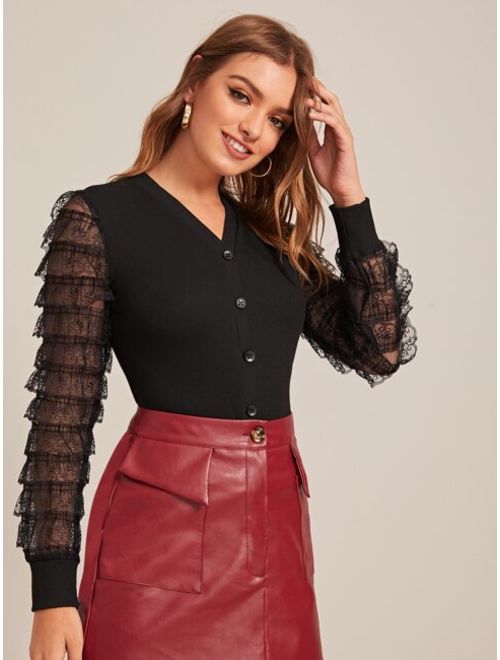 Shein Layered Ruffle Lace Sleeve Button Up Top