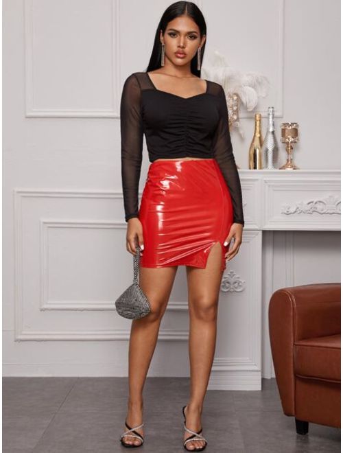 Shein Contrast Mesh Ruched Front Crop Top