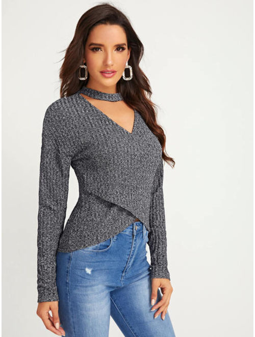 Shein Choker Neck Cross Wrap Front Marled Top