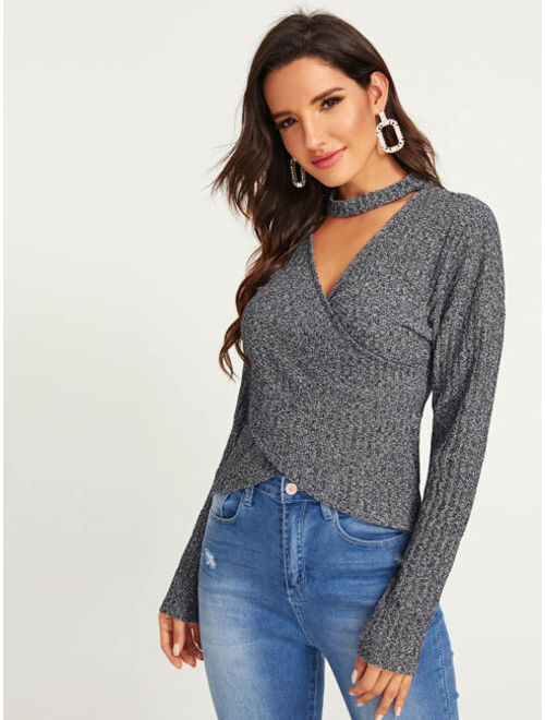 Shein Choker Neck Cross Wrap Front Marled Top