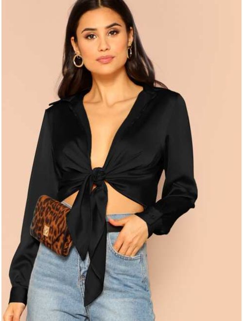 Shein Collared Plunging Neck Tie Front Top