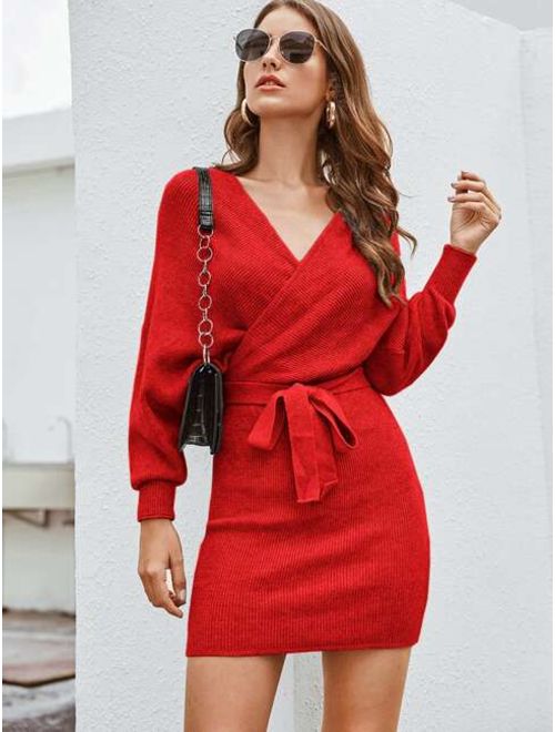 Shein Ribbed Knit Surplice Belted Sweater Dress