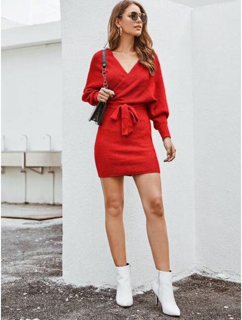 Shein Ribbed Knit Surplice Belted Sweater Dress