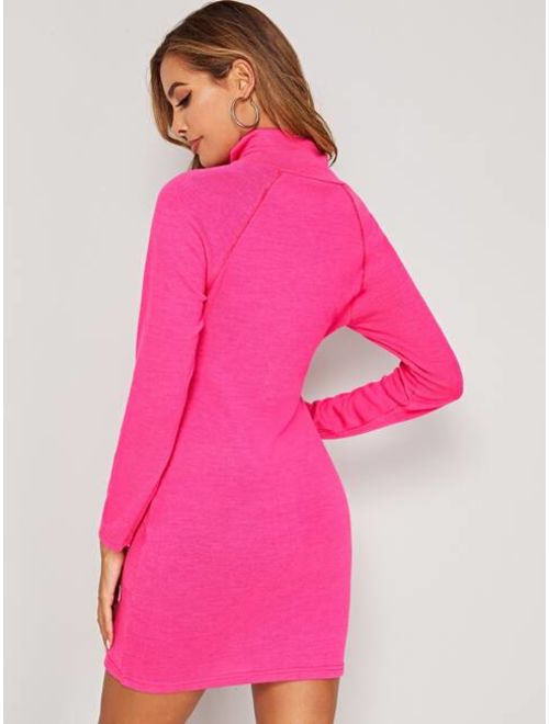 Shein Neon Pink Zip Front High Neck Sweater Dress