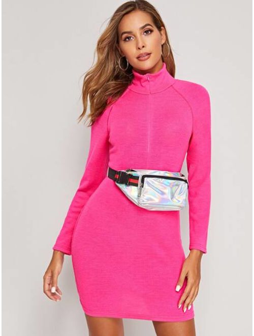 Shein Neon Pink Zip Front High Neck Sweater Dress