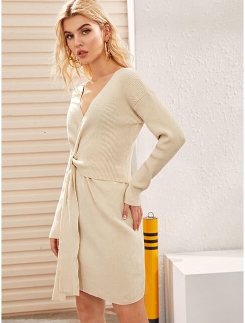 Shein Solid Wrap Belted Sweater Dress