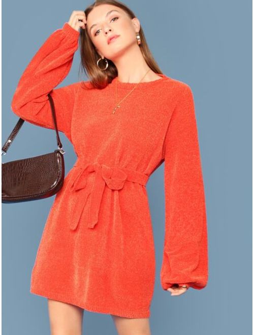 Shein Neon Orange Lantern Sleeve Self Belted Sweater Dress