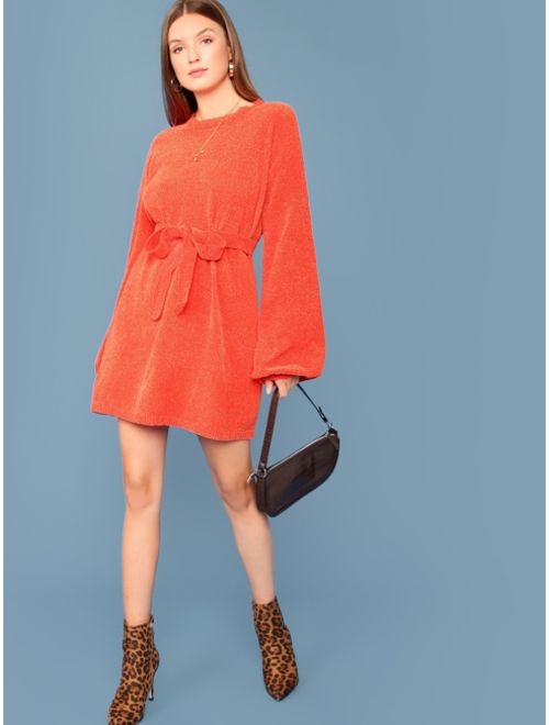 Shein Neon Orange Lantern Sleeve Self Belted Sweater Dress