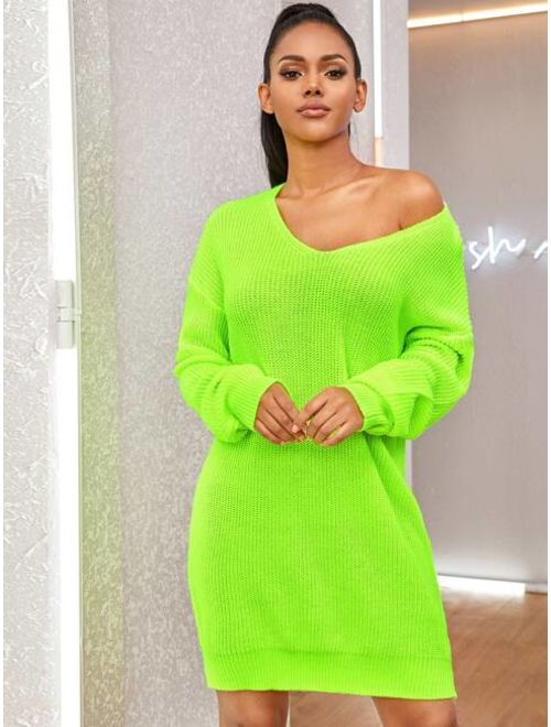 Shein Neon Green Drop Shoulder Sweater Dress