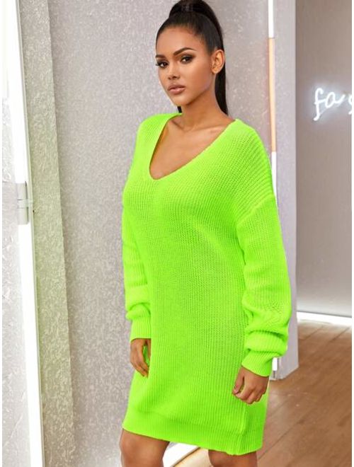 Shein Neon Green Drop Shoulder Sweater Dress