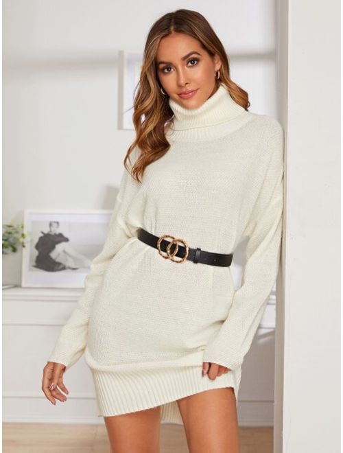 Shein High Neck Pointelle Knit Sweater Dress Without Belt